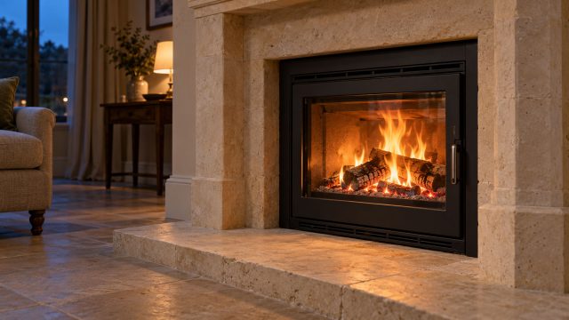 Burning logs behind the glass of a black inset stove, surrounded by pale limestone beside a softly lit sitting area.