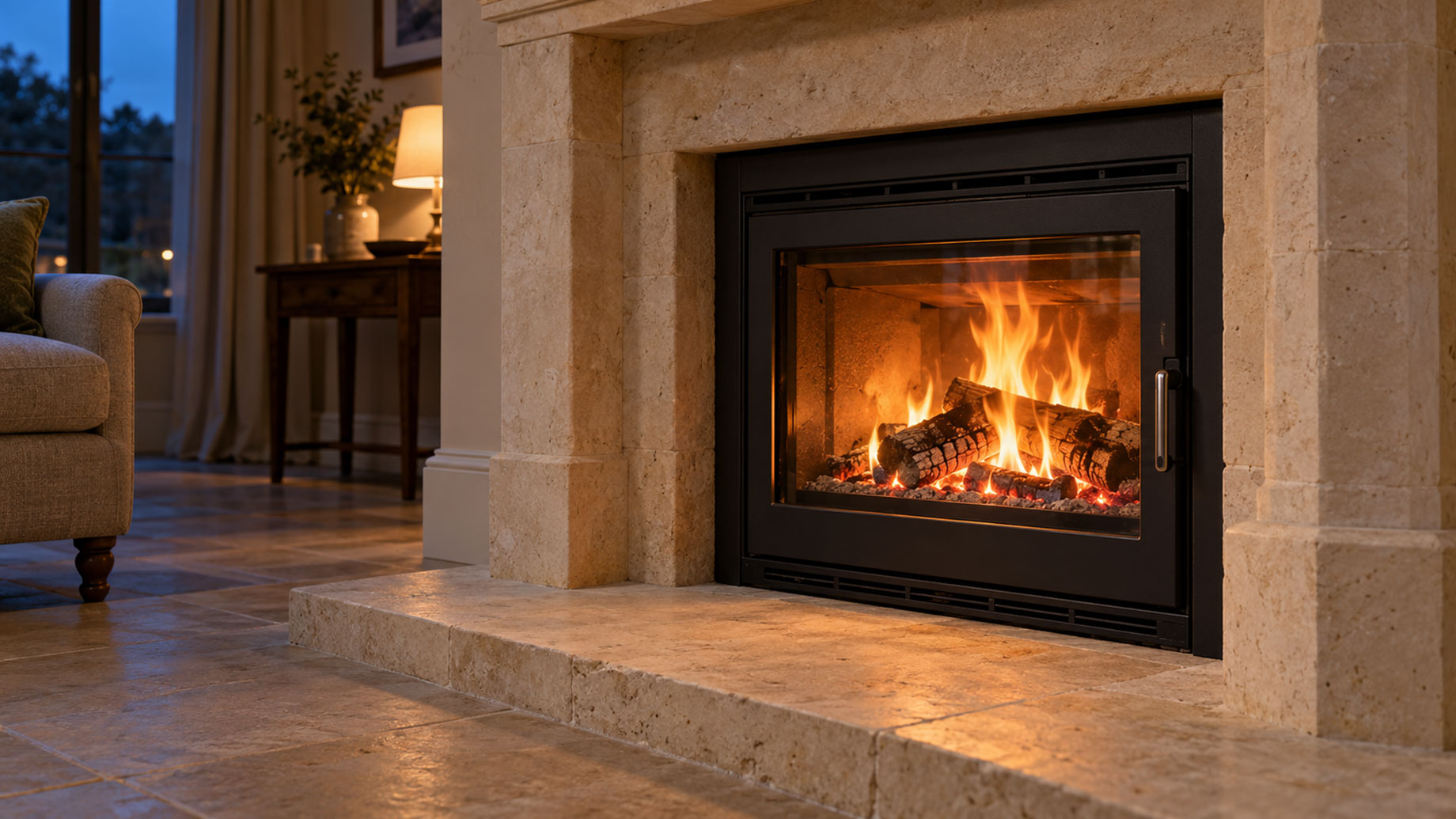 Burning logs behind the glass of a black inset stove, surrounded by pale limestone beside a softly lit sitting area.