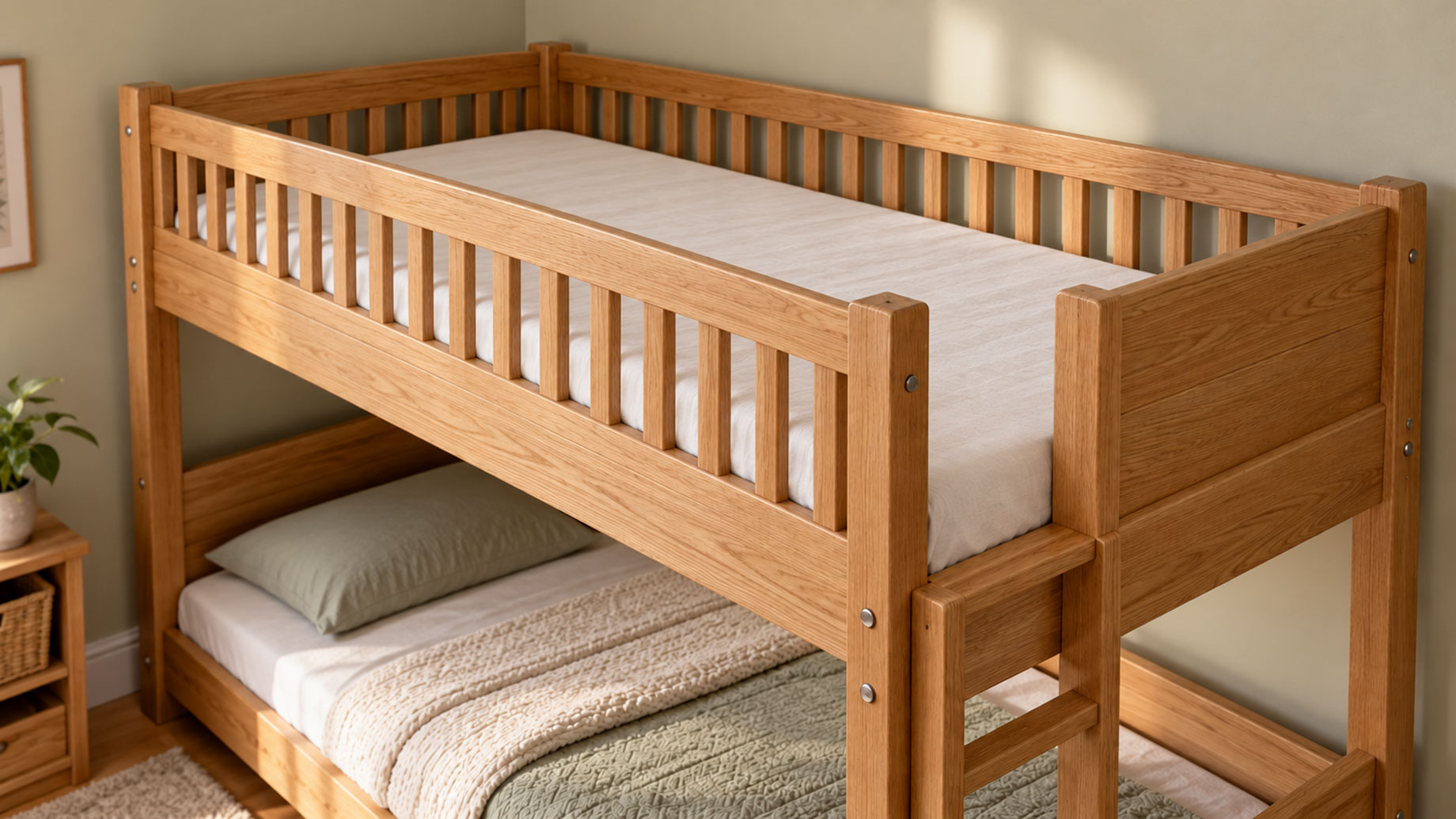Oak bunk bed with a shallow white upper mattress, closely spaced guardrail slats and a fixed wooden ladder.