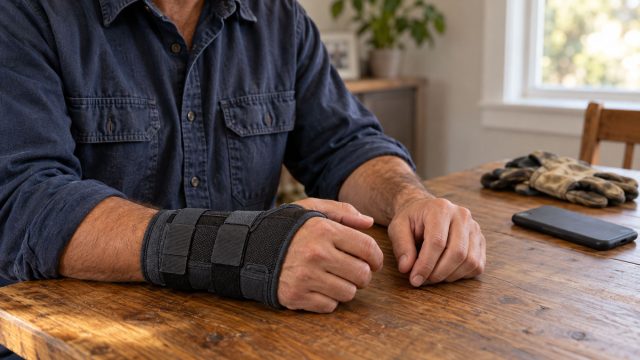 Worker in a blue shirt resting a braced wrist on a wooden table beside a smartphone and work gloves.