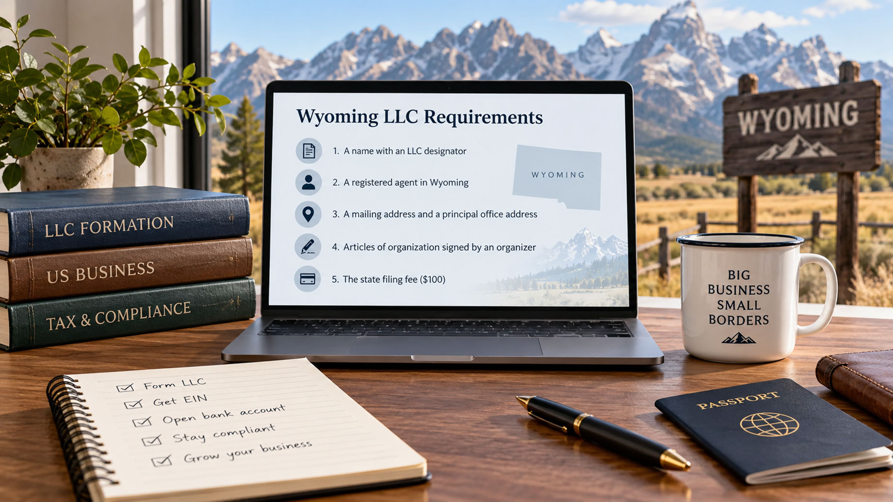 Laptop displaying Wyoming LLC requirements beside a passport, notebook, and business books, with mountains visible through a window.