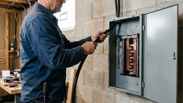 An electrician works on a home electrical panel upgrade, installing a new, empty breaker box and wiring in a basement.