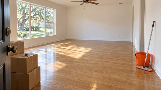 Empty, freshly cleaned Dallas living room on move-out day with an orange bucket and mop and moving boxes by the door