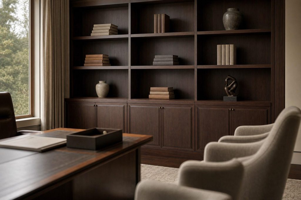 A private office with a dark walnut bookcase, closed cabinet doors below and sparsely styled open shelves above, facing a desk and two guest chairs